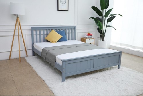 Grey wooden bed frame with - bed, with/